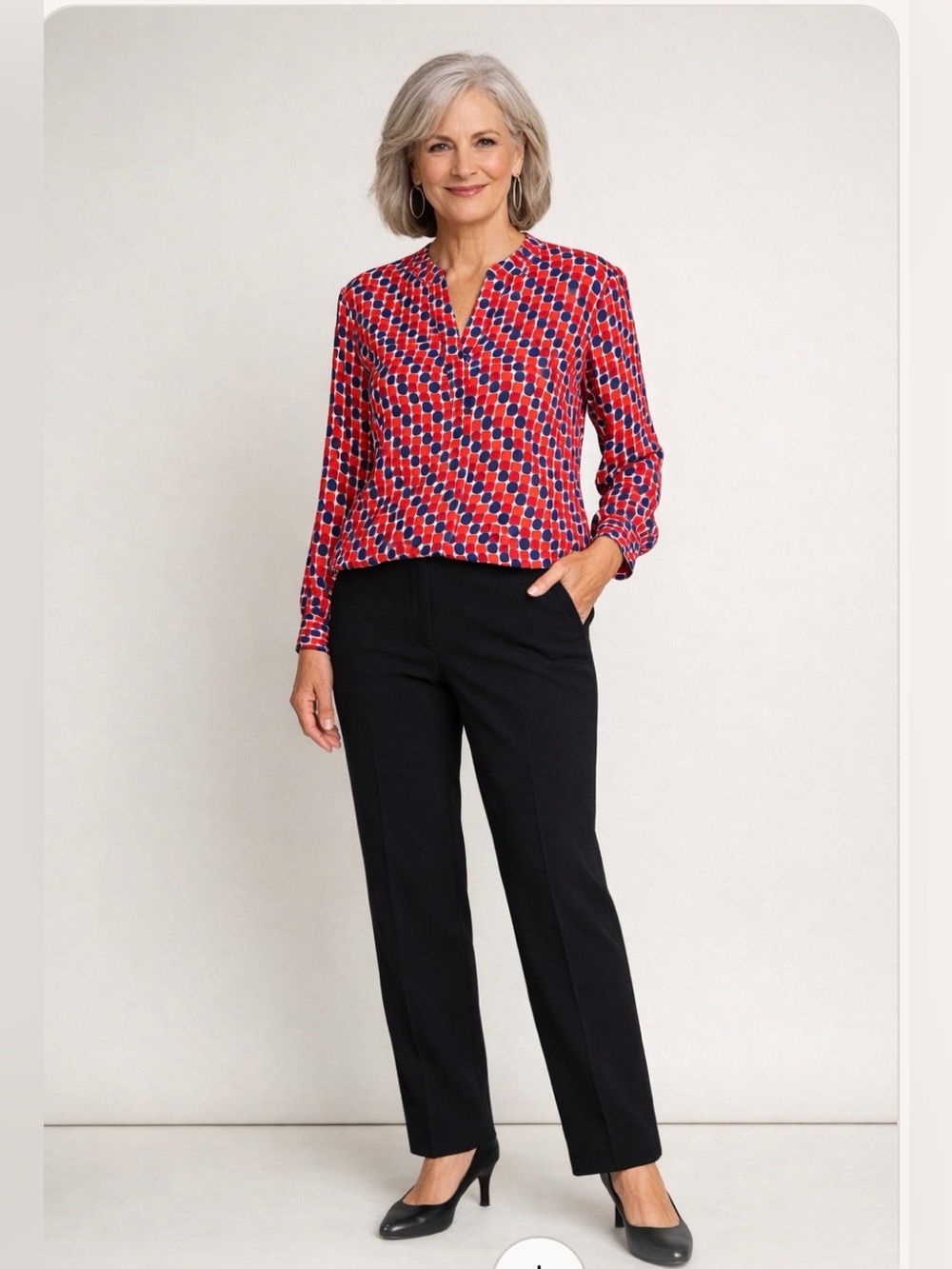 Talbots Red and Blue Geometric Dot Print Blouse Women's Size Petite Medium